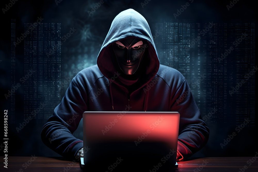 Male hacker wearing a mask and hoodie is hacking data into a laptop. Male hacker wearing a mask and hoodie is hacking data into a laptop.
