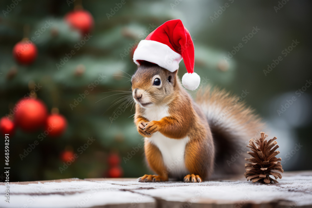 Cute little festive squirrel wearing a Father Christmas santa hat Cute little festive squirrel wearing a Father Christmas santa hat
