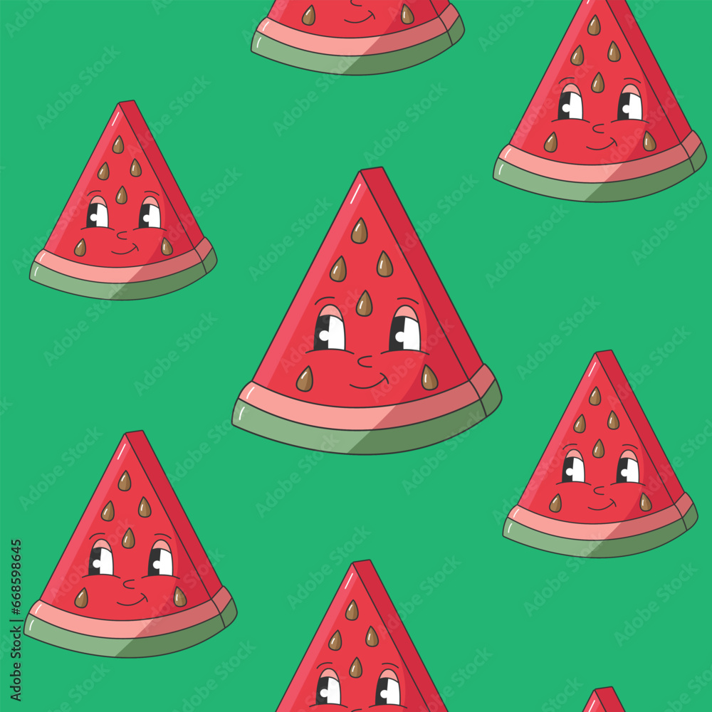 90s Fruit Funny Retro Groovy Pattern with Cartoon Hippie Character. Comic Character of Watermelon with a face. Groovy Summer Vector Print. Sweet Juicy Fresh Fruits.