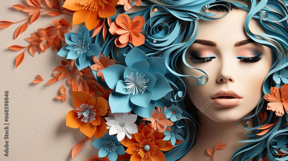 Illustration d'un visage et de fleurs en papier découpé avec espace de copie pour la journée internationale de la femme. Illustration d'un visage et de fleurs en papier découpé avec espace de copie pour la journée internationale de la femme.