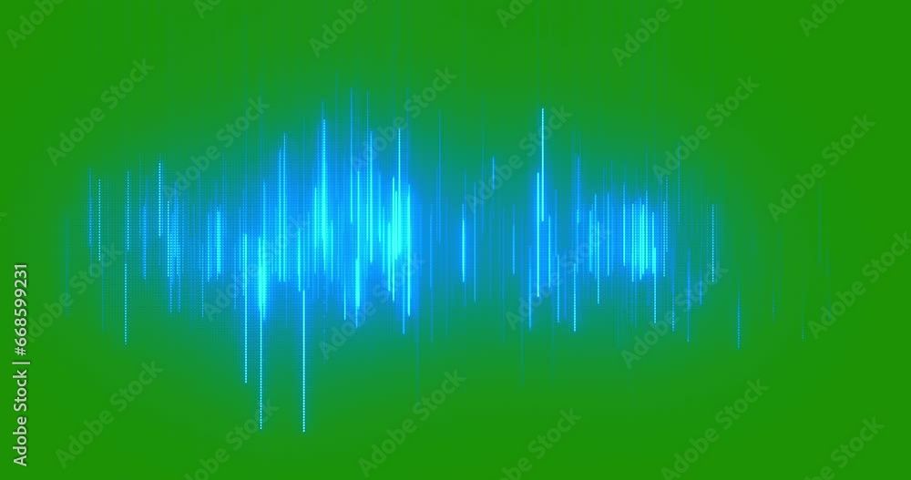 blue digital equalizer audio spectrum sound waves on chroma key green screen background, stereo sound effect signal with vertical lines