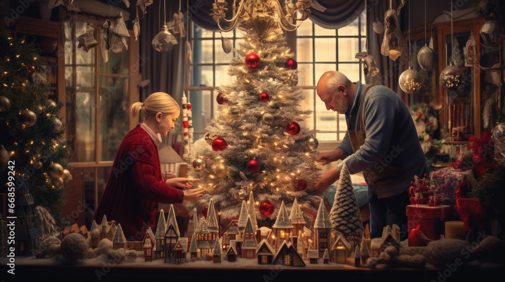 grandfather with his granddaughter putting up the Christmas tree