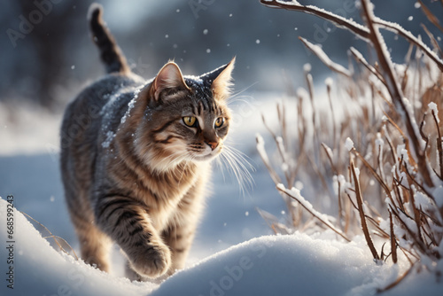 Getigerte braune Katze läuft draußen im Schnee . Katze auf der Jagd im Winter . KI Generated