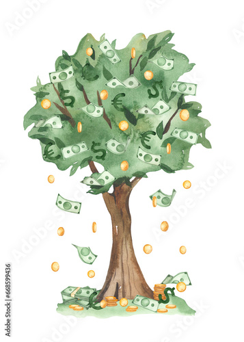 Watercolor money tree with dollars, gold coins, falling money, paper bills, green bills for greeting cards