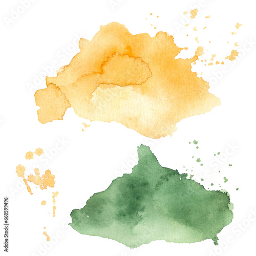Watercolor stain yellow and green, background, ink, gold and grass texture