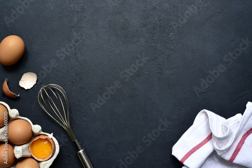 Food background with ingredients for making mayonnaise sauce. Top view with copy space.