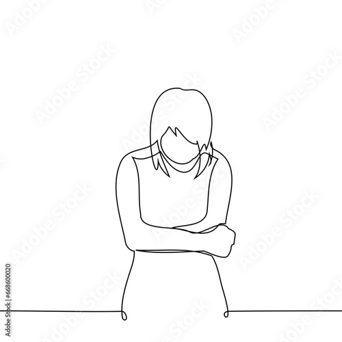 woman bent over with head down hugging herself - one line art vector. concept of self-comfort, stomach pain, covering from the cold