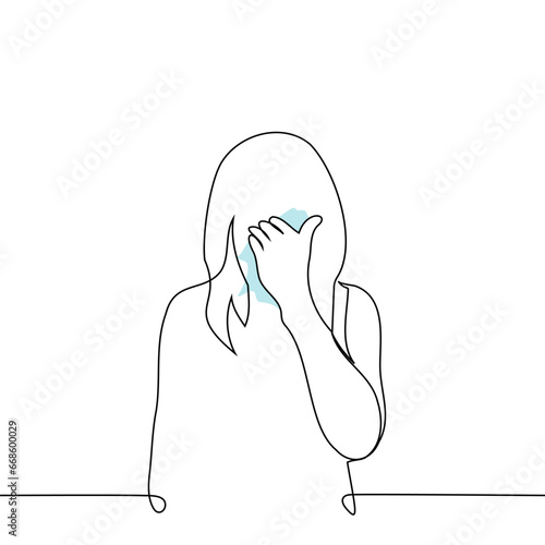 woman with a napkin in her hand blows nose - one line art vector. concept runny nose, sneezing, cough