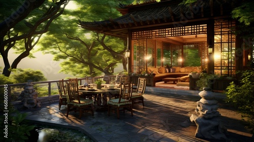 A private outdoor tea house with traditional Asian-inspired architecture.