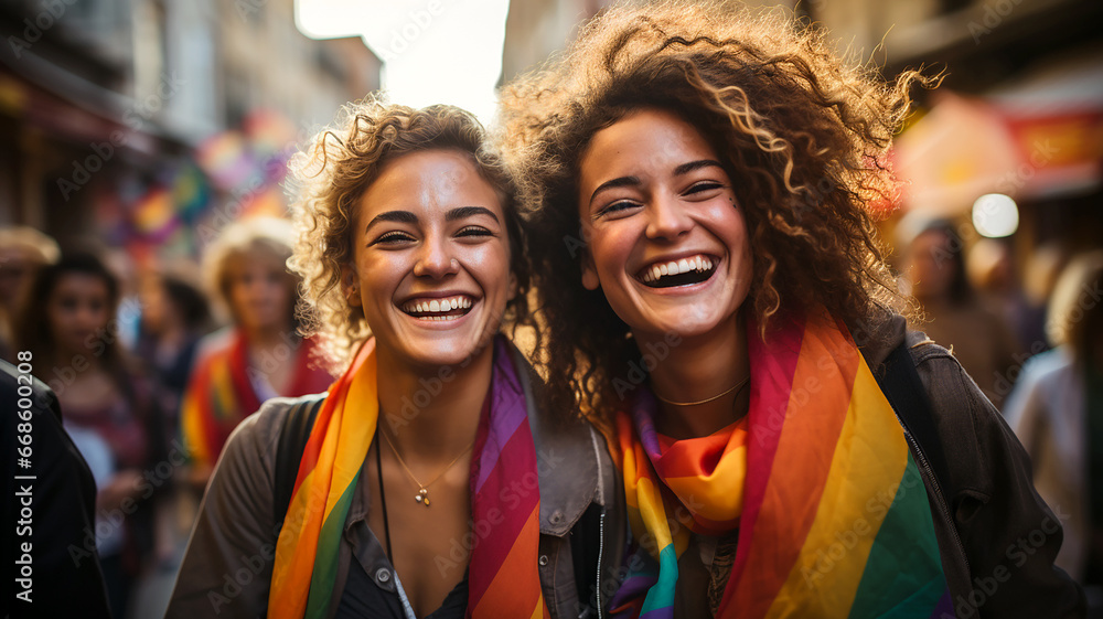 Two young cute women girlfriends at a love parade