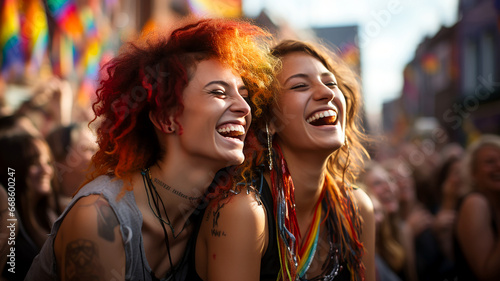 Two young cute women girlfriends at a love parade