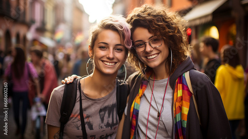 Two young cute women girlfriends at a love parade photo