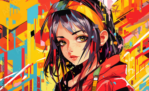 Beautiful anime girl character who is a talented graffiti artist. Design her with a fashionable and urban style.