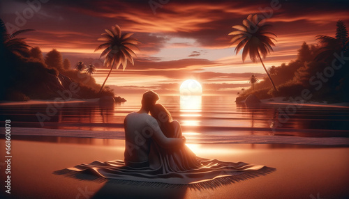 Sunset Serenity  Couple s Intimate Moment on the Shore