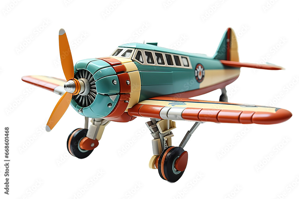 Vintage old yellow blue fighter plane toy isolated PNG Background. Generative Ai. - obrazy, fototapety, plakaty 