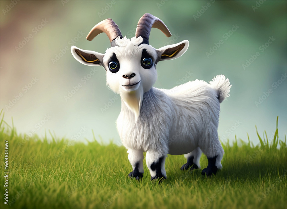 The 3D goat character has clean white hairy horns, cute and adorable black eyes, standing on the grass The 3D goat character has clean white hairy horns, cute and adorable black eyes, standing on the grass