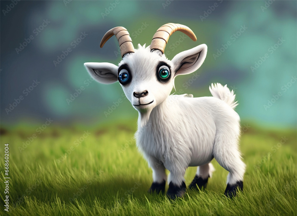 The 3D goat character has clean white hairy horns, cute and adorable black eyes, standing on the grass The 3D goat character has clean white hairy horns, cute and adorable black eyes, standing on the grass