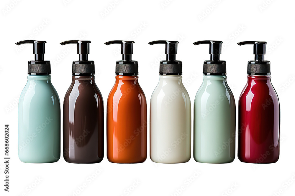 Set of blank pump bottles isolated PNG Background. Generative Ai. Set of blank pump bottles isolated PNG Background. Generative Ai.