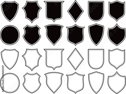 Set of outline badge shape. Line art style. Security, football patches isolated on white background. Black outlined heraldic Coat of arms silhouette. Protection and security symbol, label.	