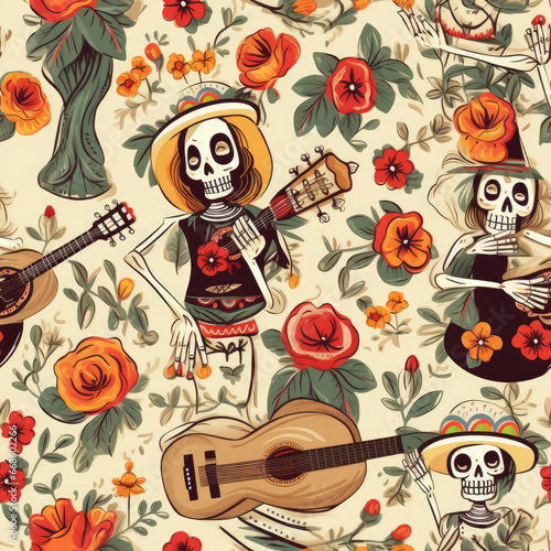 Seamless pattern of Mexican Day of Dead with catrina skulls  skeletons with guitar and day of the dead flowers on soft yellow background