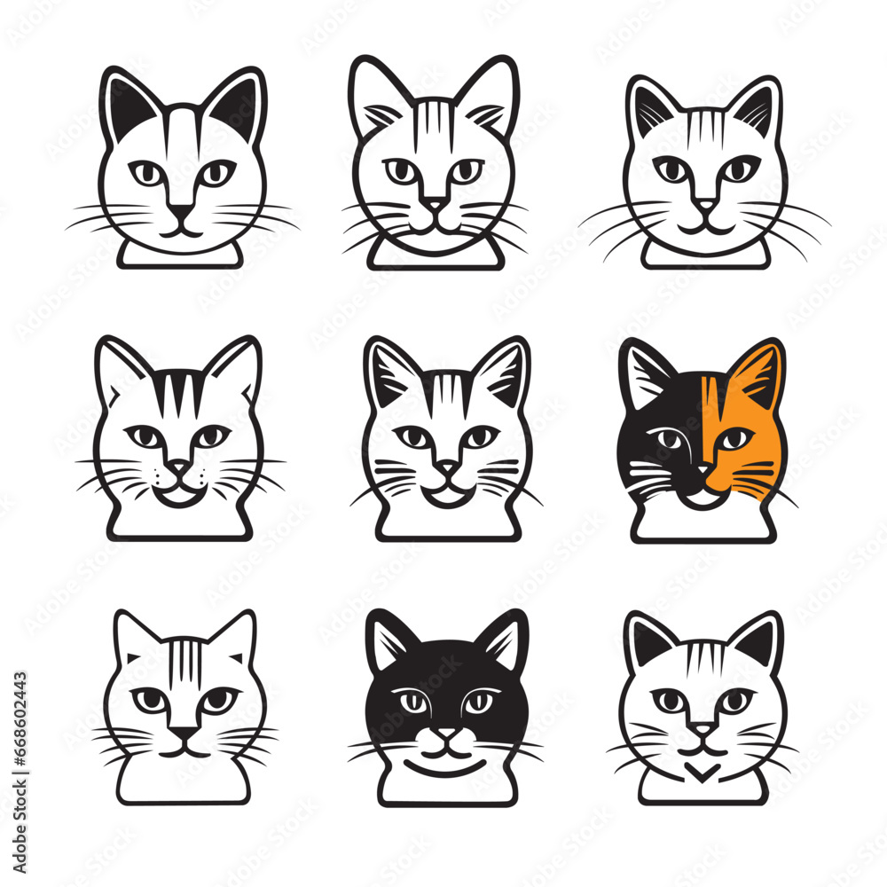Cute cartoon cat icon set, funny vector icons. Black, orange and white set. Sketch style cat characters faces. Cute cartoon cat icon set, funny vector icons. Black, orange and white set. Sketch style cat characters faces.