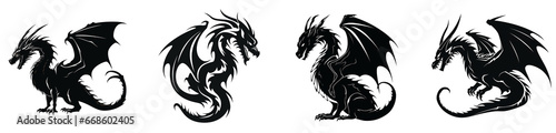 Set of illustrations depicting dragon silhouette figures, isolated on a transparent background.
