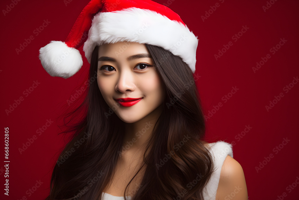 Portrait of pretty Asian woman with long hair wearing red Christmas Santa Claus hat in front of red background Portrait of pretty Asian woman with long hair wearing red Christmas Santa Claus hat in front of red background