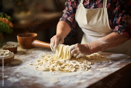 Elder woman making fresh handmade pasta in a rural kitchen