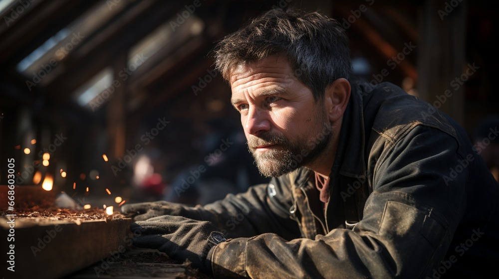 Carpenter works on a wooden table. Carpenter works on a wooden table.