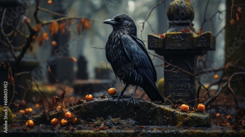 A crow perched atop a tombstone. Generative AI. © ProVector