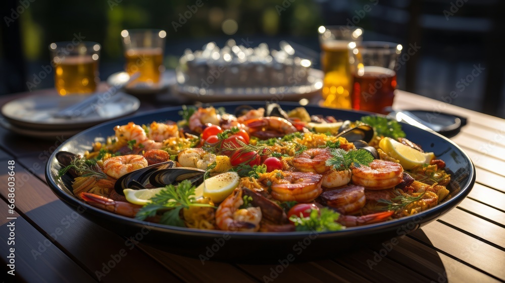 A dish of paella teeming with seafood. Generative AI. A dish of paella teeming with seafood. Generative AI.