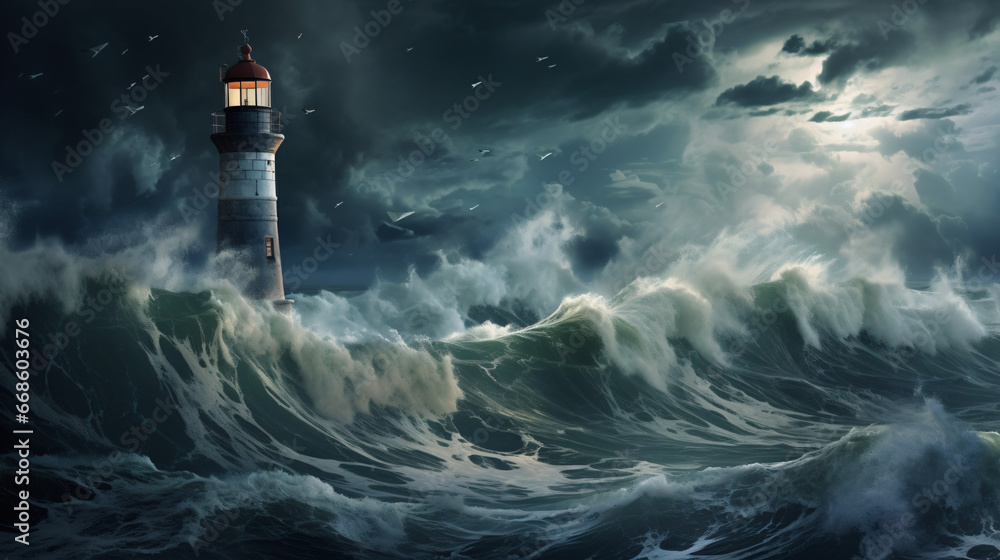 Ocean storm at lighthouse
