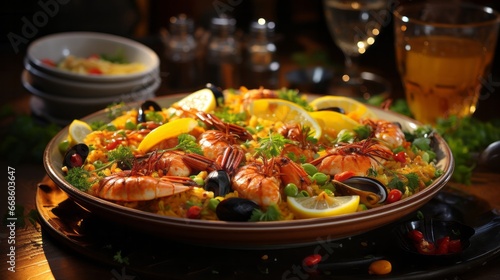 A dish of paella teeming with seafood. Generative AI.