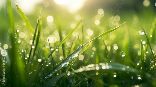 Fresh green grass with dew drops close up. Natural background. Macro shot of beautiful morning dew on perfect green grass. Ecology and environment concept. Droplets of water of bright leafy grass.