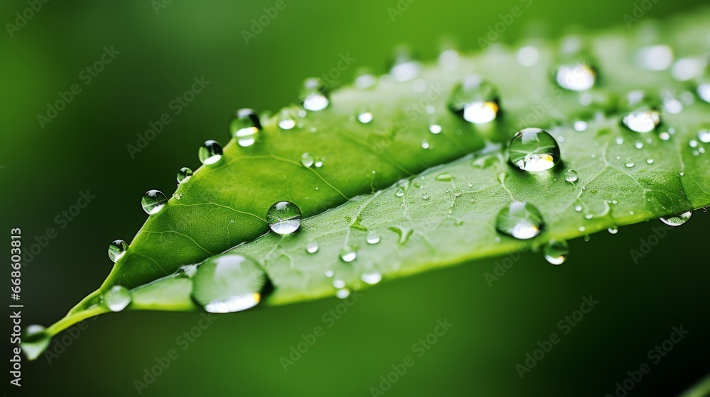 Green leaves with water drops Close-up. Macro shot of morning dew drops on fresh green leaf. Nature and ecology concept. Natural background. One leaf with tiny raindrops on it. Green leaves with water drops Close-up. Macro shot of morning dew drops on fresh green leaf. Nature and ecology concept. Natural background. One leaf with tiny raindrops on it.