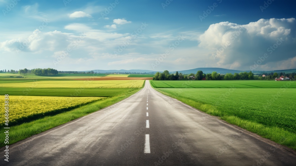 Long clear Asphalt road with clouds and sky, natural background. Rural asphalt road through green fields with a blue sky. Long empty straight lane.