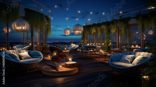 A rooftop bar with a panoramic view, mood lighting, and trendy furnishings. © Adeel  Hayat Khan