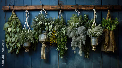 Hanging bunches of medicinal herbs and flowers. Herbal medicine.