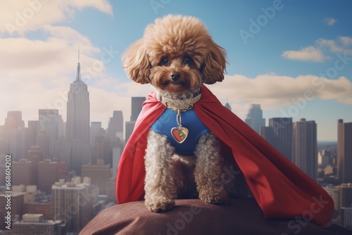 Photo of a poodle in a superhero cape, standing atop a mini cityscape. Generative AI photo