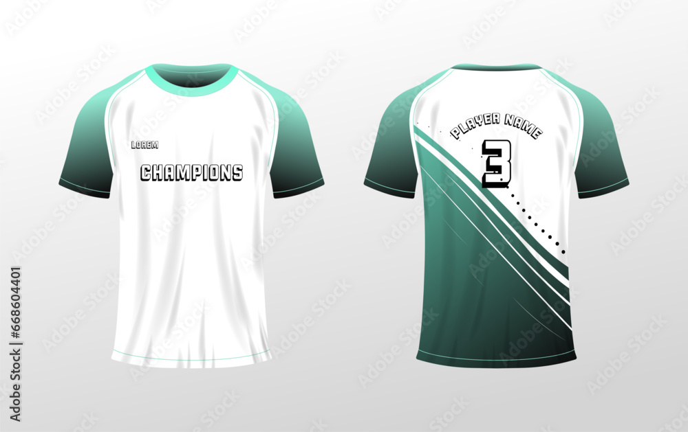 Naklejka premium T-shirt mockup. Flat, color, t-shirt layout, player name, number 3, front and back of T-shirt mockup, space for your logo. Vector icons