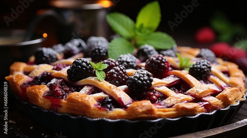 A freshly baked lattice-topped blackberry pie close. Generative AI.