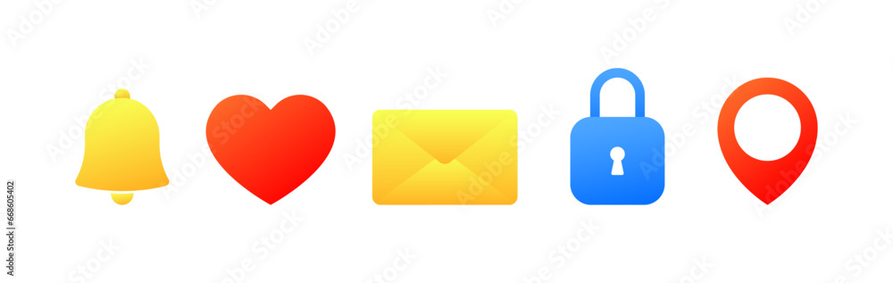 Icons of bell, heart, letter, lock, geolocation point. Flat, color, different icons, bell, heart, letter, lock for key, location points. Vector icons Icons of bell, heart, letter, lock, geolocation point. Flat, color, different icons, bell, heart, letter, lock for key, location points. Vector icons