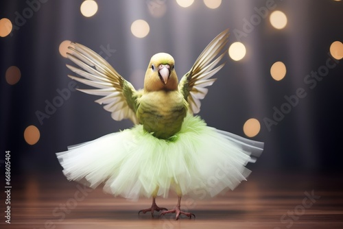 Photo of a parakeet wearing a ballerina tutu, pirouetting on a white stage. Generative AI