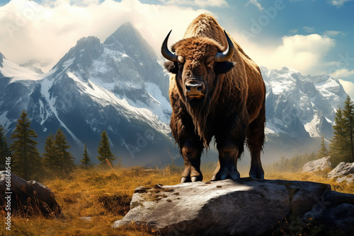 Bison in the mountains landscape. 4K Wallpaper.