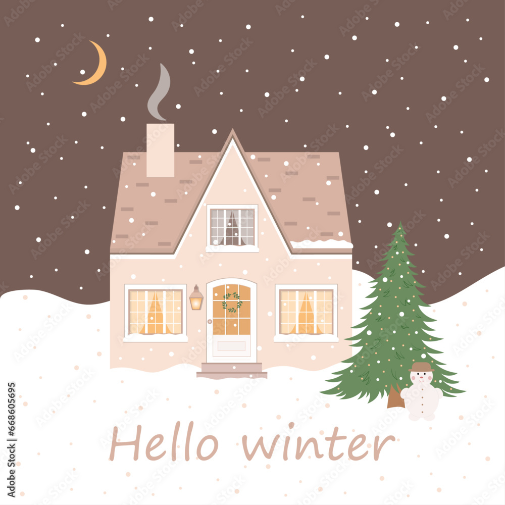 Hello winter, house whit snow, christmas tree, snowman, night