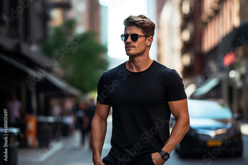 Handsome muscular man walking in the city. Smiling focus. Generative AI.
