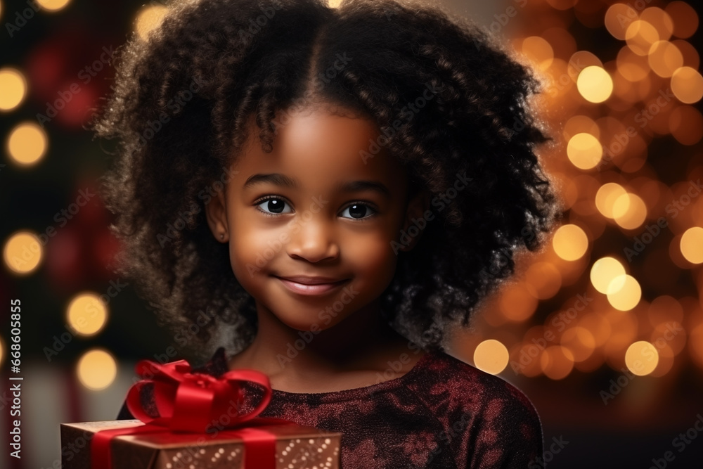 a little african girl with a christmas tree in the background a little african girl with a christmas tree in the background