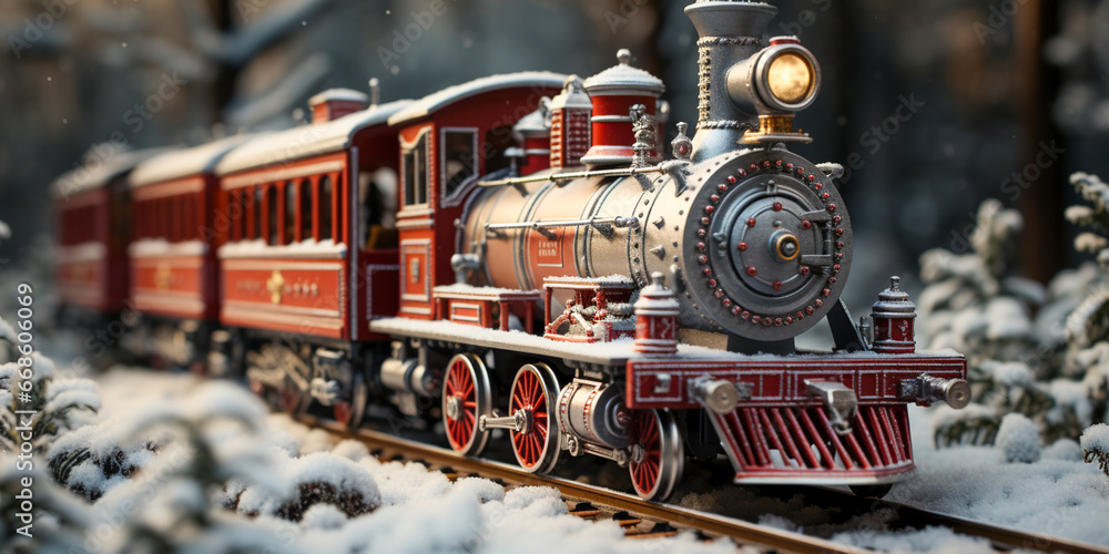 Christmas decorated miniature town with train and snowy village scene, AI generated