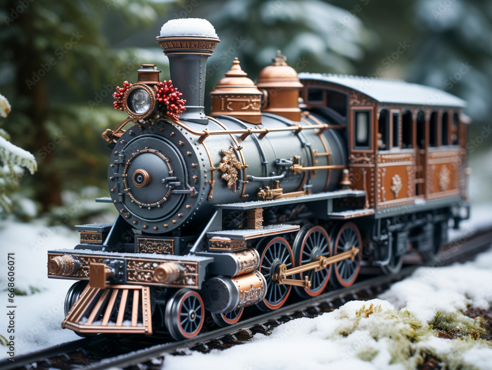 Christmas decorated miniature town with train and snowy village scene, AI generated Christmas decorated miniature town with train and snowy village scene, AI generated
