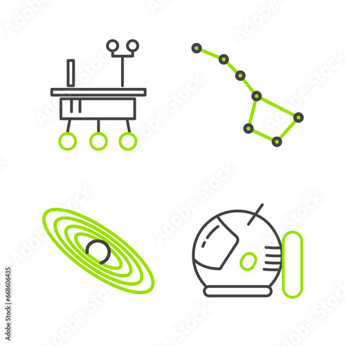 Set line Astronaut helmet, Planet, Great Bear constellation and Mars rover icon. Vector